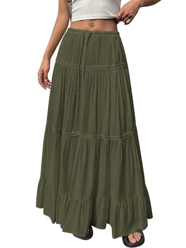 BTFBM Spring Skirts for Women 2026 Summer Boho Beach Vacation Clothes Casual Pleated High Waisted Flowy Maxi Skirt view 3
