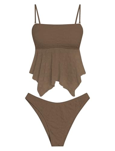 ZAFUL Tankini Swimsuits for Women Flowy Swimwear Mesh Lace Jacquard Two Piece Bathing Suit High Cut Tanga Tankini Set — image 1