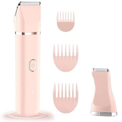 Bikini Trimmer for Women, 2-in-1 Electric Razors Shaver for Bikini Legs Pubic Hair,Rechargeable Ladies Bikini Hair Trimmer Removal with Snap-in Ceramic Blades IP7X Washable Head,Wet and Dry Use,Peach