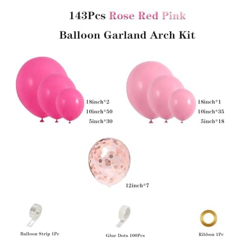 Rose Red Pink Balloon Arch Garland Kit, 143 Pcs Hot Pink Confetti Rose Red Balloons for Women Girls Valentine's Day Mother's Day Wedding Engagement Anniversary Party Decoration Supplies view 2