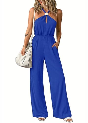 Lazysmile Summer Jumpsuits for Women Sleeveless Halter Backless Pants Romper Dressy Wide Legs One Piece Outfits — image 1