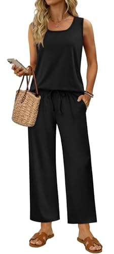 WIHOLL Two Piece Sets for Women Summer Spring Outfits Tank Square Neck Sleeveless Travel Vacation Lounge Wide Leg Pants Set view 2