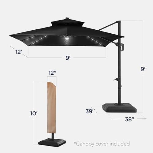 Best Choice Products 9x12ft LED Cantilever Patio Umbrella w/Base Included & 360° Rotation, Large Solar Offset Hanging Outdoor Sun Shade for Deck, Backyard Table w/Stand & Lights – Black view 2