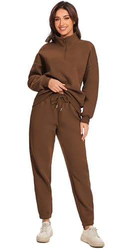 Jeqeocafy Women Oversized Long Sleeve Sweatsuit Half Zip Sweatshirt & High Waisted Pants 2 Piece Outfits With Pockets view 3