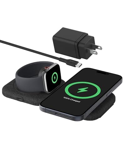 Belkin 2-in-1 Magnetic Charging Travel Pad 15W - MagSafe-Compatible Foldable Qi2-Certified Wireless Charging Station, iPhone Charger for iPhone 16 Series, Apple Watch 9, AirPods, and More - Black