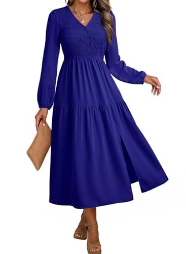 Dokotoo Fall Dresses for Women 2026 Long Sleeve V Neck Smocked Empire Waist Ruffle Tiered Casual Split Maxi Dress — image 1