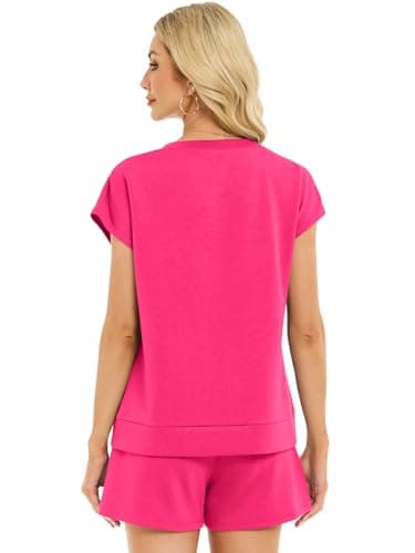 YOKGO Two Piece Sets for Women Summer V Neck Short Set Vacation Lounge Cap Sleeve Drawstring Sweatsuit with Pocket view 5