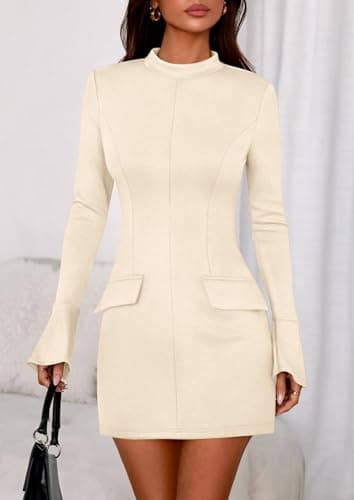 PRETTYGARDEN Womens Short Formal Dresses Fall Long Sleeve Mock Neck Elegant Cocktail Party Club Bodycon Mini Dress view 4