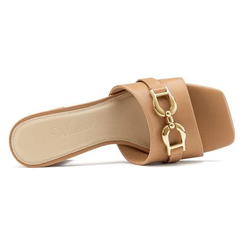 Athlefit Women's Raffia Heeled Sandals Square Open Toe Slip On Mules Chunky Block Heels with Metal Chain for Summer Vacation view 5