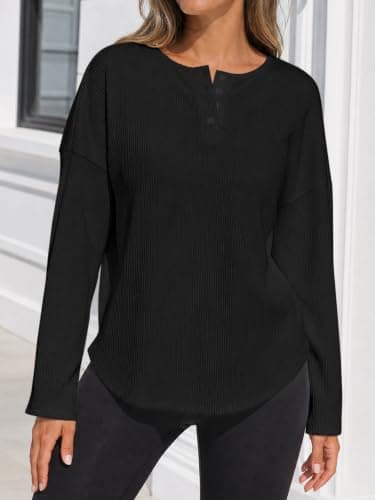 Fisoew Womens Long Sleeve Henley Shirts Ribbed Knit Button Tunic Tee Tops view 2