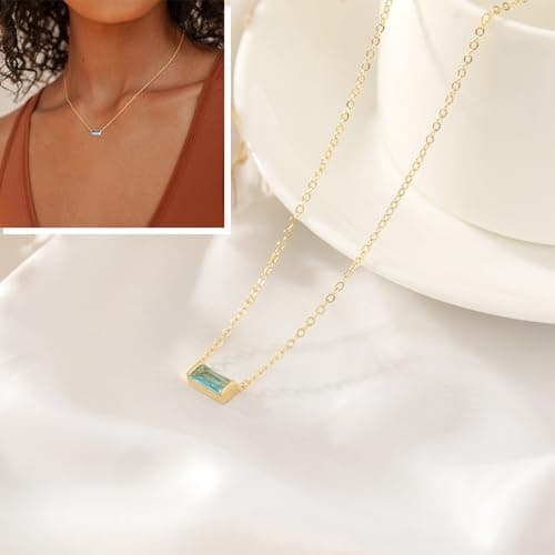 ZNBOH Birthstone Necklace for Women Dainty Trendy 14K Gold Plated Emerald Couple Necklaces Simple Green Diamond Pendant Choker Blue Cute Cubic Zirconia Jewelry for Women Mothers Birthday Gifts view 3
