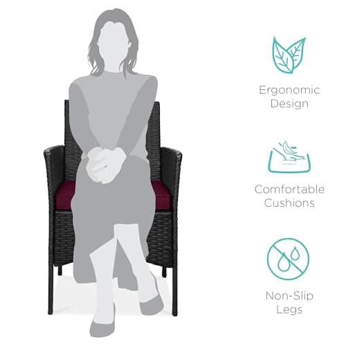 Best Choice Products 3-Piece Outdoor Wicker Conversation Bistro Set, Space Saving Patio Furniture for Garden w/Side Table - Black/Deep Burgundy view 3