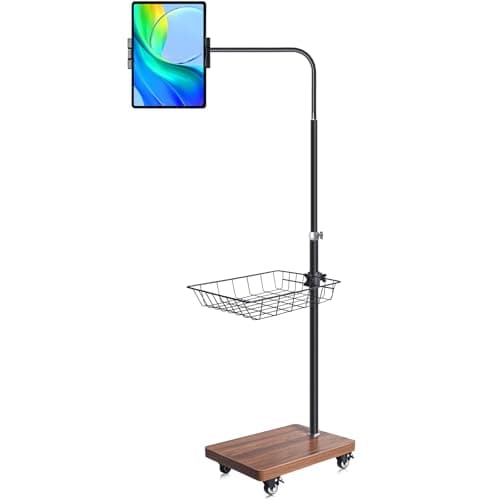 wishacc Adjustable Floor Tablet Stand with Rolling Base, Flexible Gooseneck Mount, Wood Platform, Mobile Device Holder for Indoor Use