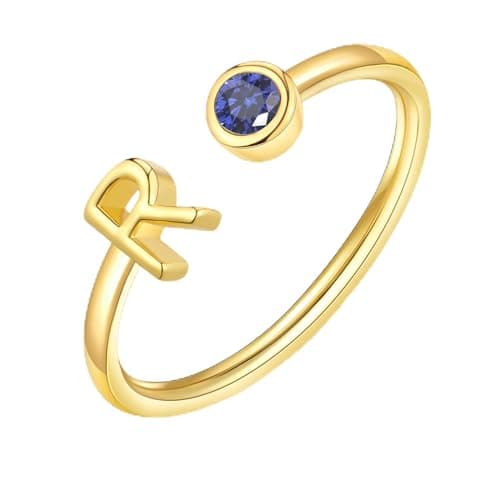 ZNBOH Gold Birthstone Initial Rings for Women Non Tarnish Dainty 14K Gold Plated Adjustable Letter Ring for Women Stackable Cute Thumb Pinky Fashion Unique Open Simple Birthday Gifts Jewelry — image 1