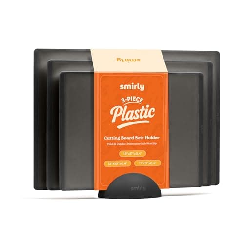SMIRLY Plastic Cutting Board Set with Holder 3 Pieces, Non-Slip Dishwasher Safe Chopping Boards for Kitchen, Dark Grey view 1