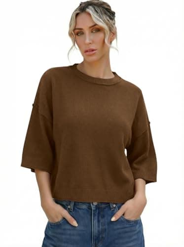 Sweater for Women Summer Short Sleeve Oversized Cropped Sweaters Casual Crewneck Lightweight Knit Tops view 4