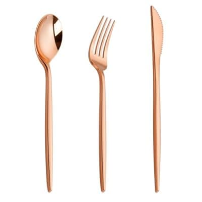 PULOTE 150PCS Rose Gold Plastic Silverware Set - Heavy Duty Rose Gold Utensils - Plastic Cutlery Disposable - Include 50 Forks, 50 Knives, 50 Spoons for Party, Mother's Day & Wedding