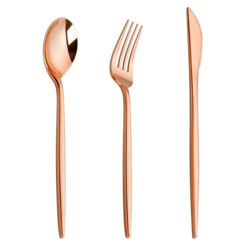 PULOTE 150PCS Rose Gold Plastic Silverware Set - Heavy Duty Rose Gold Utensils - Plastic Cutlery Disposable - Include 50 Forks, 50 Knives, 50 Spoons for Party, Mother's Day & Wedding — image 1