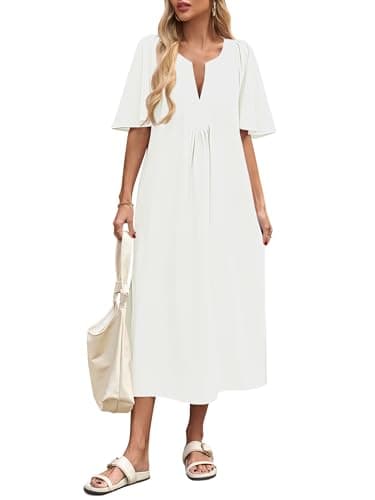 Wenrine Womens Flutter Short Sleeve Maxi Dress Casual V Neck Side Slit Pleated Loose Flowy Summer Dresses — image 1