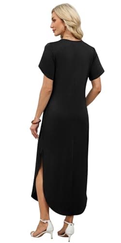 WIHOLL Summer Dresses for Women Short Sleeve Maxi Dresses V Neck Sundress with Side Slit Pockets Casual Beach Dress view 4