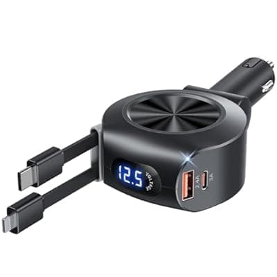 Retractable Car Charger, KOOPAO 69W 4 in 1 Fast Phone Car Charging Adapter, Multi USB C PD and Apple Retractable Cables Cord Compatible with iPhone 16/15/14/13/12/11/Pro Max (USB C + iPhone Cord)