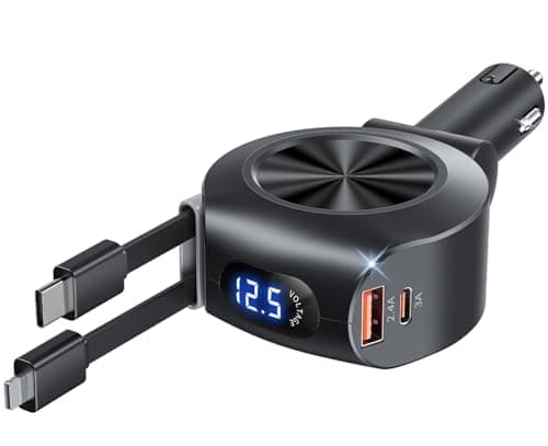 Retractable Car Charger, KOOPAO 69W 4 in 1 Fast Phone Car Charging Adapter, Multi USB C PD and Apple Retractable Cables Cord Compatible with iPhone 16/15/14/13/12/11/Pro Max (USB C + iPhone Cord) view 1