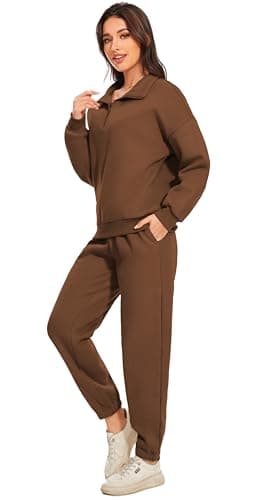 Jeqeocafy Women Oversized Long Sleeve Sweatsuit Half Zip Sweatshirt & High Waisted Pants 2 Piece Outfits With Pockets view 4