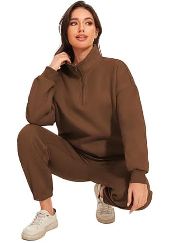 Jeqeocafy Women Oversized Long Sleeve Sweatsuit Half Zip Sweatshirt & High Waisted Pants 2 Piece Outfits With Pockets view 5