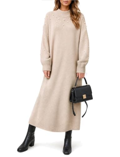 CiCiBird Womens Pearl Sweater Dress Long Sleeve Maxi Dresses | Loose Fit, Mock Neck, Puff Sleeves, Soft Knit, Gentle A Line Hem, Fall Winter, Holiday Wear, Church Events — image 1
