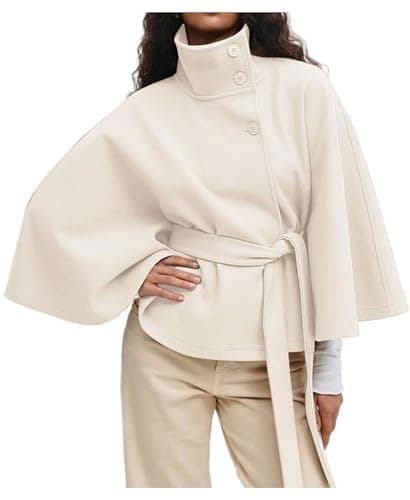 OPCAKM Women's Batwing Sleeve Poncho Coat Oversized Winter Pea Coat Stand Collar Cropped Cape Jacket with Belt(Beige-S)
