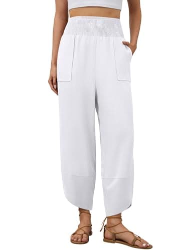 grewley Womens Linen Pants Wide Leg Palazzo Capri Barrel Harem Pants Casual High Waisted Trousers with Pockets Beach view 2