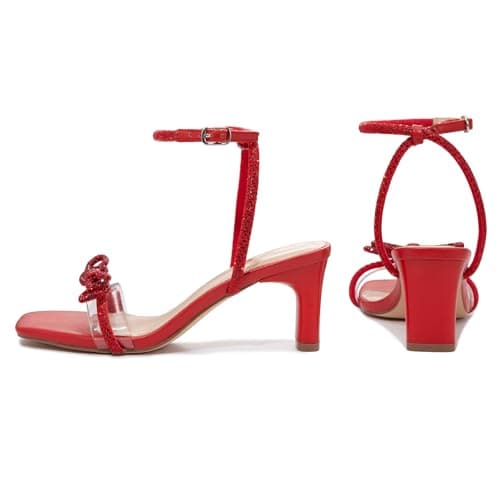 Athlefit Women's Rhinestone Bow Heels Clear Open Square Toe Block Heels Buckle Heeled Sandals for Party Wedding view 6