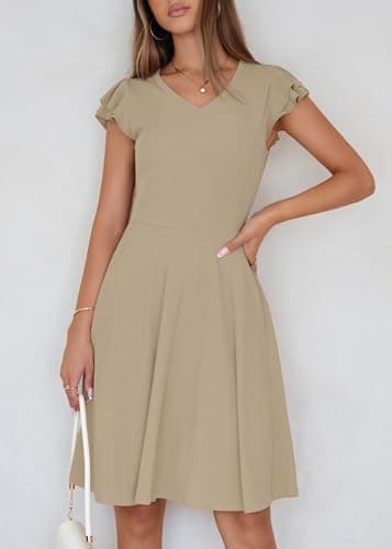 Lazysmile Summer Dresses for Women Ruffle Short Sleeve V Neck A Line Swing Ribbed Knit Casual Mini Short Dress view 4