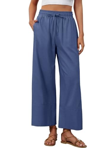 grewley Womens Linen Pants Cotton Boho Loose Palazzo Pants Wide Leg Long Lounge Trousers Drawstring with Pockets Beach — image 1