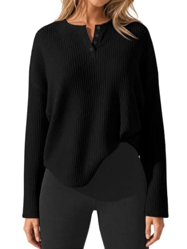 Fisoew Womens Long Sleeve Henley Shirts Ribbed Knit Button Tunic Tee Tops — image 1