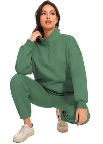 Jeqeocafy Women Oversized Long Sleeve Sweatsuit Half Zip Sweatshirt & High Waisted Pants 2 Piece Outfits With Pockets view 5
