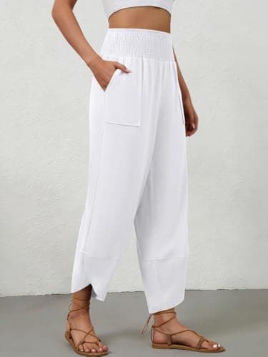 grewley Womens Linen Pants Wide Leg Palazzo Capri Barrel Harem Pants Casual High Waisted Trousers with Pockets Beach view 3