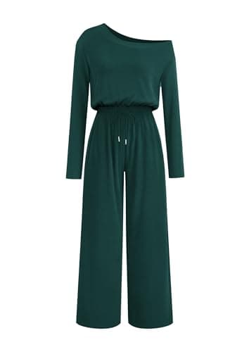 Lazysmile Jumpsuits For Women Dressy Long Sleeve Off Shoulder One Piece Wide Legs Rompers Casual Fall Outfits with Pockets — image 1