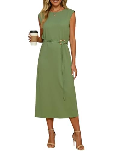 Wenrine Womens Sleeveless Midi Dress Summer Work Office Back Slit Elegant Flowy Tank Casual Vacation Dresses — image 1