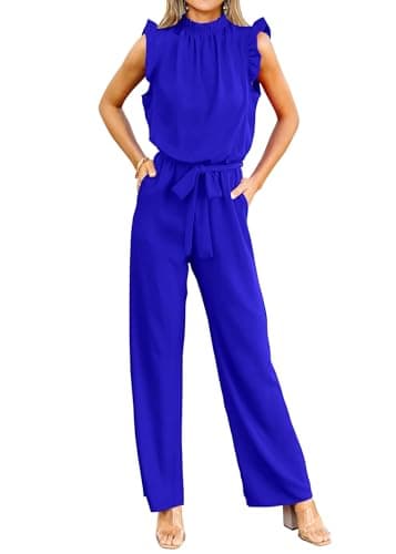 KIRUNDO Jumpsuits For Women Dressy Summer One Piece Sleeveless Ruffle Mock Neck Belt Pockets Formal Wide Leg Pants Romper — image 1
