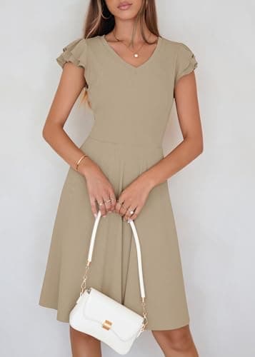 Lazysmile Summer Dresses for Women Ruffle Short Sleeve V Neck A Line Swing Ribbed Knit Casual Mini Short Dress view 5