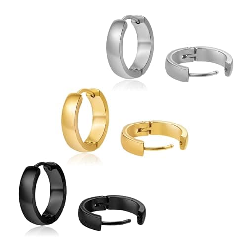 DHZJTSL 3 Pairs Hypoallergenic Small Hoop Earrings for Men, 316L Surgical Stainless Steel Black/Gold/Silver Earrings Huggie Jewelry Set for Mens Women 12/14/16mm view 1