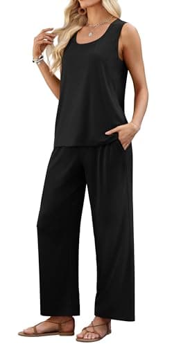 WIHOLL Two Piece Sets for Women Summer Spring Outfits Tank Square Neck Sleeveless Travel Vacation Lounge Wide Leg Pants Set view 4