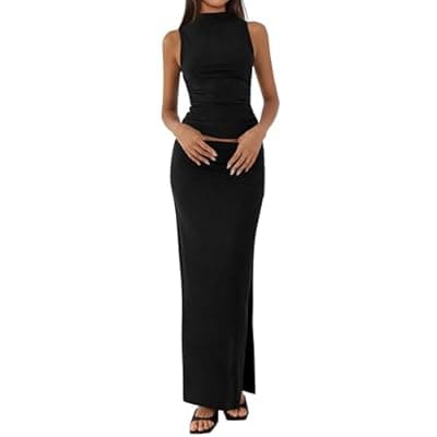 BTFBM Womens Two Piece Outfits Summer Lightweight 2026 Mock Neck Sleeveless Knit Tops Maxi Skirt Set Going Out Dress