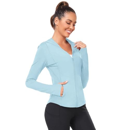 AGVNG Womens UPF 50+ Long Sleeve Hooded Jackets Lightweight UV Protection Sun Shirts Workout Athletic Hiking Running Tops view 2