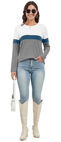 Jeqeocafy Women's Color Block Tunics Tops Crewneck Long Sleeve Shirts Casual Pullover Loose Fit T-Shirt view 4