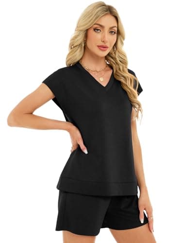 YOKGO Two Piece Sets for Women Summer V Neck Short Set Vacation Lounge Cap Sleeve Drawstring Sweatsuit with Pocket view 4