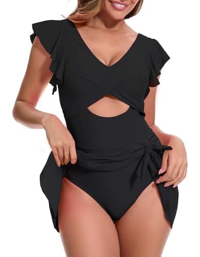 MFAVIP Women One Piece Swim Dress Tummy Control Swimsuits V Neck Ruffle Bathing Suit Cutout Sexy Wrap Side Tie with Skirt view 5