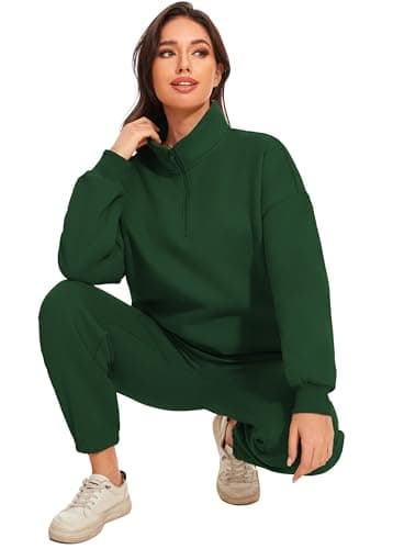 Jeqeocafy Women Oversized Long Sleeve Sweatsuit Half Zip Sweatshirt & High Waisted Pants 2 Piece Outfits With Pockets view 5