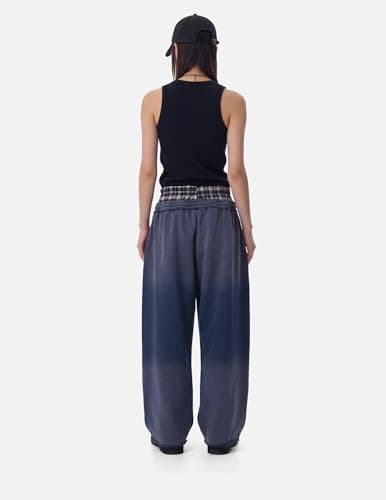 Aelfric Eden Double Waist Washed Baggy Sweatpants Loose Wide Leg Plaid Patchwork Casual Pants with Pockets view 4